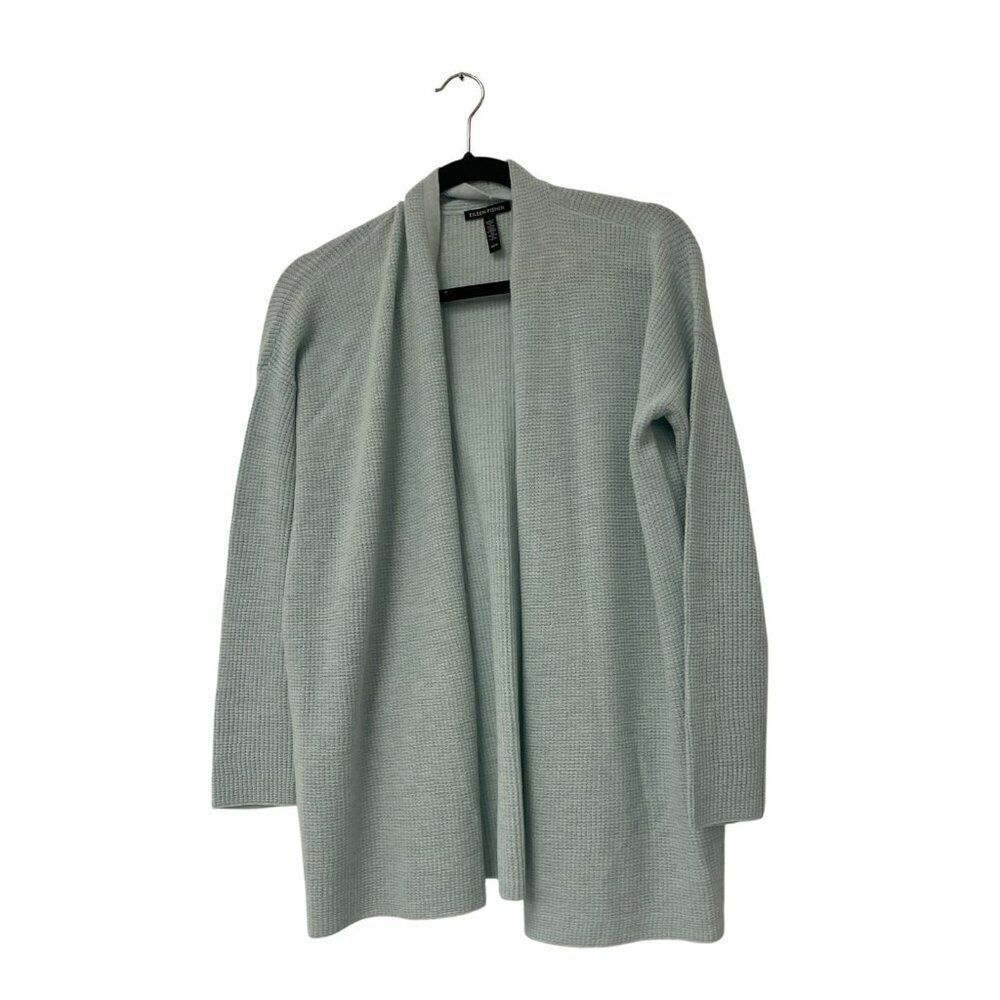 Eileen Fisher Womens Sweater XS Blue Green Merino Wool Knit Open Front Cardigan